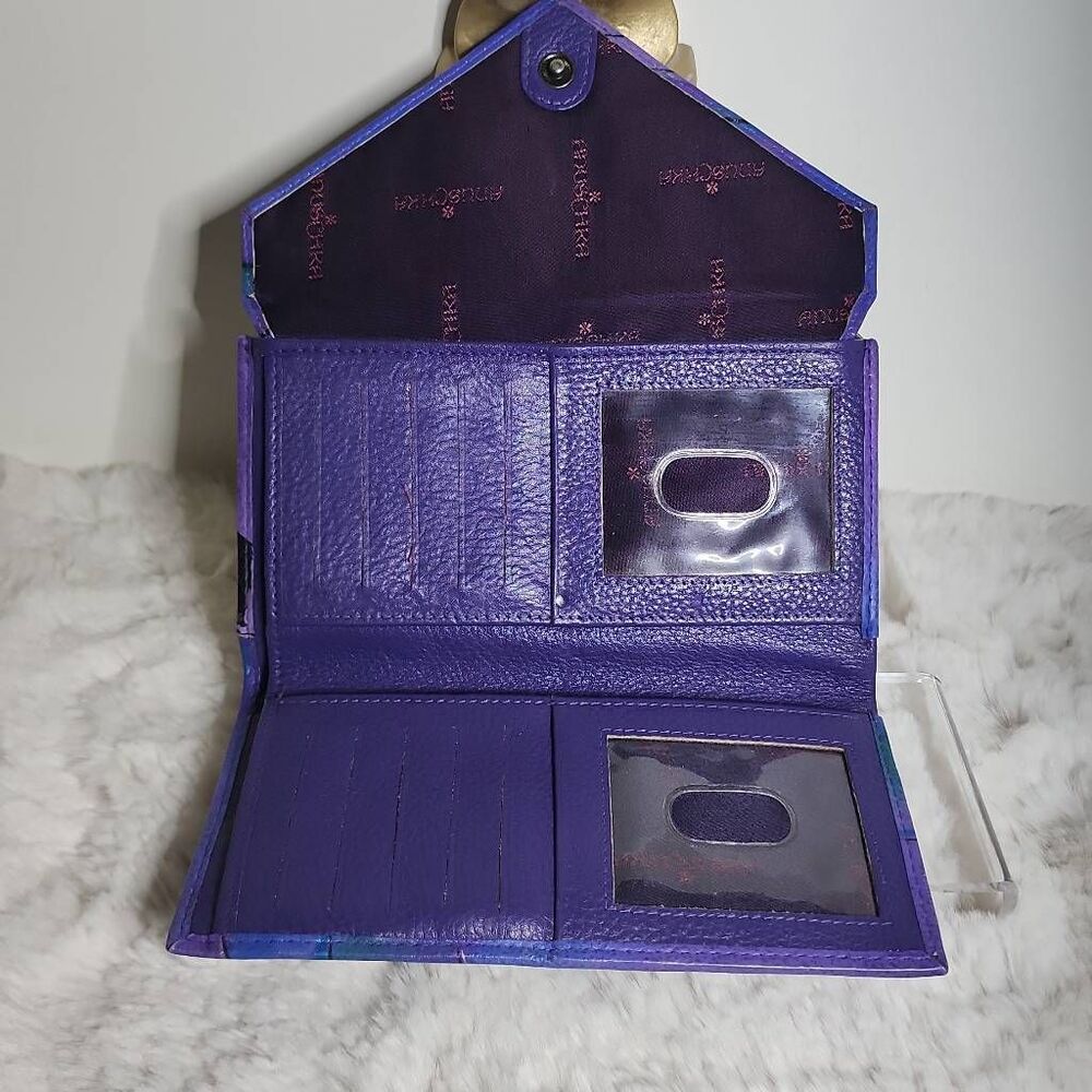 Anna by Anuschka Hand Painted Leather  Clutch Wallet "Dreamy Peacock Dewberry" - Picture 7 of 8